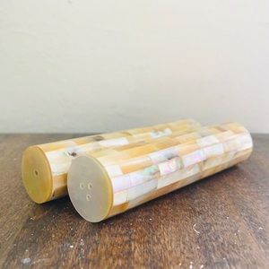 Vintage mother of pearl salt & pepper shaker set,intricate crafted mosaic jewels